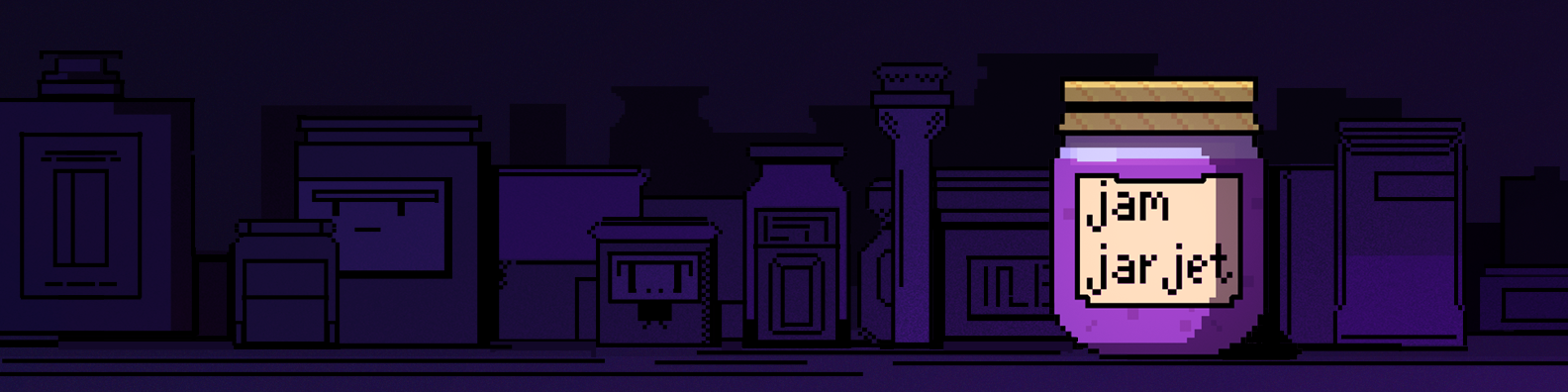 Pixel art shelves filled with jars and the purple Jam Jar Jet studio jar